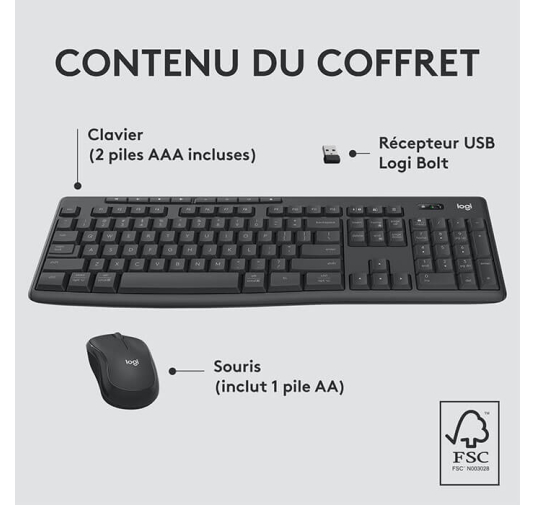 Logitech MK370 Combo clavier Souris, AZERTY, Sans Fil, Noir