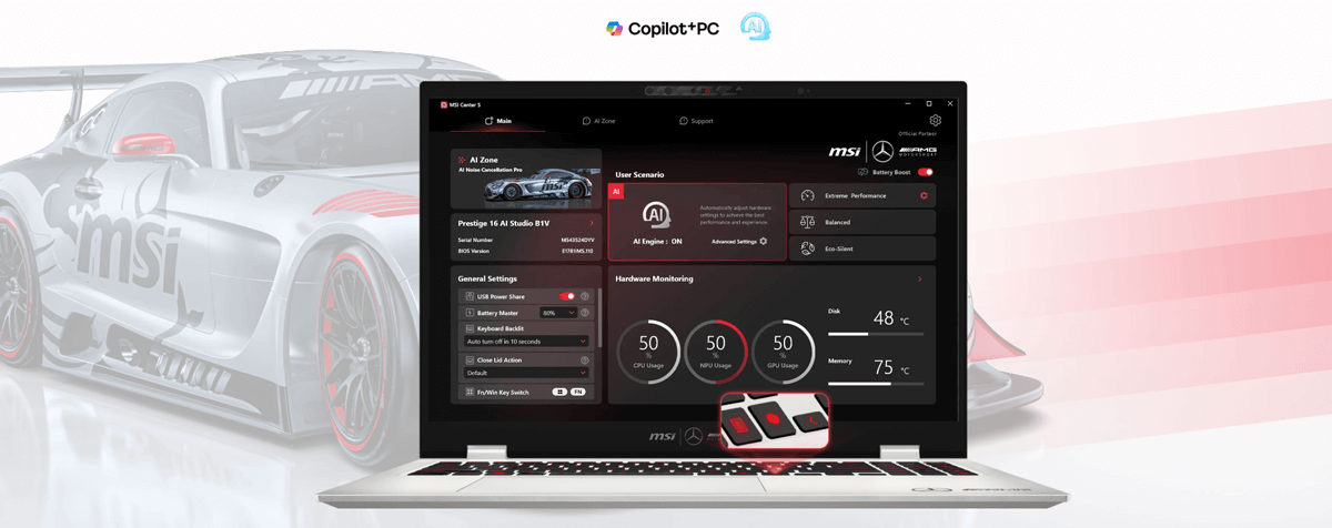 touche copilote MSI Prestige 16 AI+